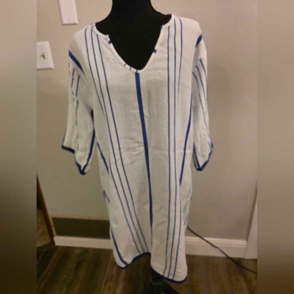 Blue and White Striped Women's Swim Coverup